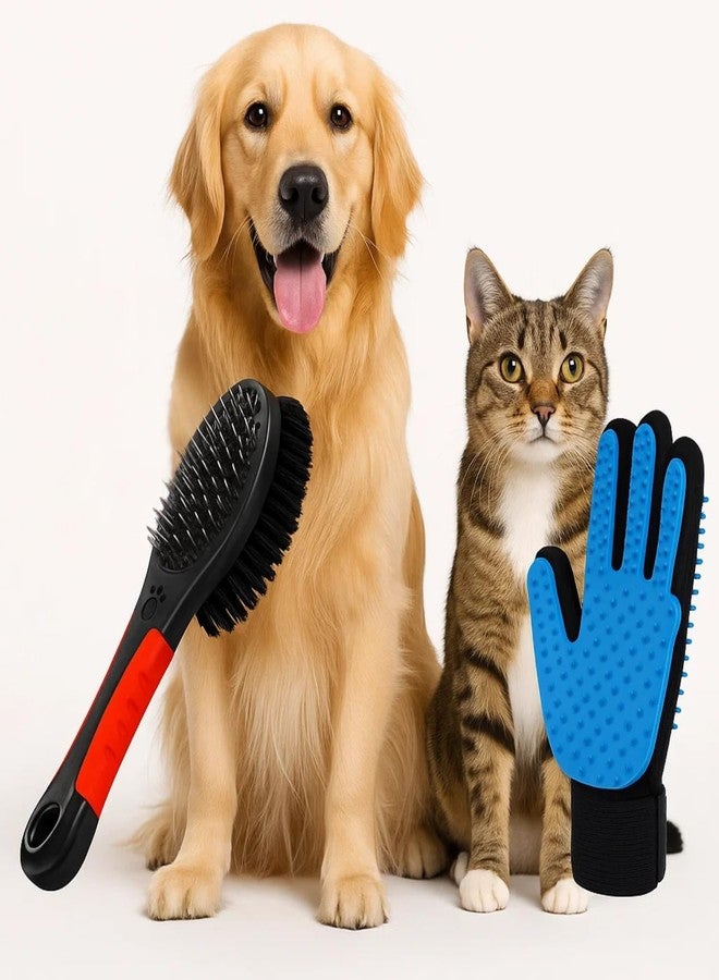 Sage Square Pet Grooming Combo | Plastic Handle Double Sided Brush Comb 17.5cm with Metal Pins & Soft Bristles | One-Sided Deshedding Glove for Bathing, Massaging & Hair Removal | Dogs & Cats - Image 1